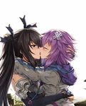  black_hair blush closed_eyes couple d-pad d-pad_hair_ornament french_kiss hair_ornament hood hooded_track_jacket hug jacket kiss long_hair multiple_girls mutual_hug neptune_(choujigen_game_neptune) neptune_(series) noire purple_hair red_eyes sketch tears track_jacket twintails white_crow yuri 