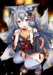  animal_ear_fluff animal_ears bare_shoulders fang fox_ears highres long_hair multiple_tails original paw_pose red_eyes silver_hair solo squatting tail thighhighs usagihime 