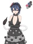  adapted_costume animal_ears bare_shoulders black_dress blue_eyes blue_hair blush breast_hold breasts cleavage collarbone commentary_request cowboy_shot crossed_arms doremy_sweet dress flower fur_trim hair_flower hair_ornament hairband kuroba_rapid large_breasts layered_dress looking_at_viewer parted_lips pom_poms short_hair smile solo tail tapir_ears tapir_tail touhou white_background 