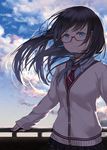  black_hair cardigan cloud cloudy_sky day glasses highres long_hair mole mole_under_eye necktie original red-framed_eyewear saitou_(lynx-shrike) school_uniform semi-rimless_eyewear sky smile solo under-rim_eyewear wind 