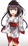  akizuki_(kantai_collection) black_hair blue_eyes blush clothes_lift hachimaki hair_ornament hairband headband japanese_clothes kantai_collection kimono kimono_lift looking_at_viewer open_mouth solo yukata yukata_lift yunamaro 