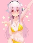  arm_up bikini blush breasts cleavage headphones heart heart-shaped_pupils large_breasts long_hair looking_at_viewer navel nitroplus pink_hair red_eyes smile solo star super_sonico swimsuit symbol-shaped_pupils yuuki_(irodo_rhythm) 