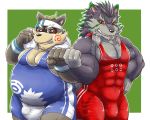 2018 abs anthro belly biceps bulge canine clothed clothing duo humanoid_hands leaf male mammal momochi_sandayuu muscular muscular_male overweight overweight_male pecs red_eyes rockmai3 sengoku_puzzle simple_background tanuki teeth tight_clothing wolf wrestling_singlet 