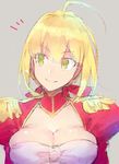  ahoge bad_id bad_twitter_id blonde_hair breasts cleavage epaulettes fate/extra fate_(series) green_eyes grey_background large_breasts nero_claudius_(fate) nero_claudius_(fate)_(all) redrop simple_background smile solo 