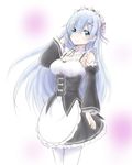  alternate_hair_length alternate_hairstyle blue_eyes blue_hair breasts detached_sleeves dress hair_ornament hair_over_one_eye hair_ribbon headdress long_hair looking_at_viewer maid maid_headdress medium_breasts pink_ribbon re:zero_kara_hajimeru_isekai_seikatsu rem_(re:zero) ribbon simple_background smile solo standing teina white_legwear x_hair_ornament 