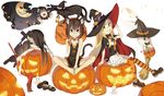  animal_ears bad_id bad_pixiv_id bandages barefoot black_hair blonde_hair blue_eyes candle cat cat_ears cat_tail ghost green_eyes halloween halloween_costume hat horns jack-o'-lantern kimura_(ykimu) long_hair multiple_girls open_mouth original pointy_ears red_eyes short_hair tail thighhighs witch_hat 