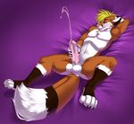  2015 4_toes 5_fingers anthro armpits balls bed big_tail blithedragon blonde_hair blue_eyes brown_fur brown_markings brown_tail canine chest_tuft claws countershading cum cumshot digital_media_(artwork) dipstick_tail ejaculation facial_markings fluffy fluffy_tail fox foxeh fur hair hand_behind_head high-angle_view holding_penis humanoid_penis lying male mammal markings masturbation multicolored_fur multicolored_tail nude on_back on_bed one_eye_closed open_mouth orange_fur orange_tail orgasm penile_masturbation penis pink_nose pink_penis solo toe_claws toes tuft white_balls white_countershading white_fur white_tail 