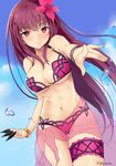  artist_name blue_sky blush breasts cloud day eyebrows eyebrows_visible_through_hair fate/grand_order fate_(series) flower hair_flower hair_ornament hibiscus kaetzchen large_breasts leg_garter long_hair navel purple_hair red_eyes scathach_(fate)_(all) scathach_(swimsuit_assassin)_(fate) sky smile solo weapon 