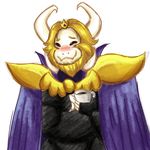  asgore_dreemurr beard blush boss_monster cape caprine clothing crown cup facial_hair fangs fur goat long_ears mammal munchycheerios solo undertale video_games white_fur 