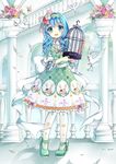  1girl bird blue_eyes blue_hair blush date_a_live dress eyepatch feather female flower full_body gyaza hairband hairpins happy lolita_fashion long_hair pantyhose plant ribbon solo stuffed_animal yoshino_(date_a_live) yoshinon 