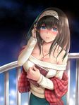  black_hair blue_eyes blush book breasts hairband huge_breasts idolmaster idolmaster_cinderella_girls jewelry kyuunosuke_(lactis09) long_hair pendant sagisawa_fumika shawl solo sweater 