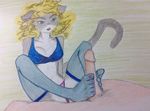  2016 anthro blonde_hair bra breasts cat clothed clothing feline female fur grey_fur hair handjob human human_on_anthro interspecies leggings legwear male male/female mammal mousguy_(artist) multicolored_fur open_mouth partially_clothed sex solo_focus traditional_media_(artwork) underwear 