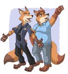  2016 anthro badge bros_(disambiguation) canine clothing disney facial_hair farmer fox gideon_grey hair looking_at_viewer male mammal modified muscular mustache necktie nick_wilde overweight paws police shirt t-shirt taunting teeth uniform zootopia 