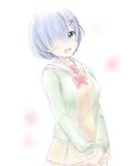  :d alternate_costume blue_eyes blue_hair blush cardigan contemporary dress hair_ornament hair_over_one_eye hair_ribbon looking_at_viewer open_mouth re:zero_kara_hajimeru_isekai_seikatsu rem_(re:zero) ribbon school_uniform short_hair simple_background smile solo standing teina x_hair_ornament yellow_dress 