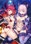  2girls :d animal_ears areola_slip areolae armor ass back bat berserker_(fate/zero) bikini_armor black_gloves black_legwear blue_eyes blush breasts cleavage dangerous_beast dragon_horns dragon_tail earrings elbow_gloves elizabeth_bathory_(brave)_(fate) elizabeth_bathory_(fate) elizabeth_bathory_(fate)_(all) fangs fate/extra fate/extra_ccc fate/grand_order fate_(series) full_armor full_moon fur_trim gloves halloween_costume hand_on_hip heart heart-shaped_pupils helmet horns jewelry jirusu kneeling large_breasts long_hair looking_at_viewer loose_bikini mash_kyrielight md5_mismatch medium_breasts moon multiple_girls navel night open_mouth pointy_ears purple_eyes purple_gloves purple_hair purple_legwear red_armor revealing_clothes short_hair shoulder_armor sideboob smile symbol-shaped_pupils tail thighhighs tiara wolf_ears wolf_tail 