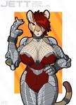  anthro big_breasts breasts cleavage clothed clothing collar cougar cybernetics cyborg feline female fishnet hair hand_on_hip looking_at_viewer machine mammal phlegraofmystery red_eyes red_hair solo 