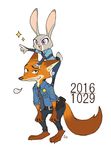  anthro canine disney duo female fox fur green_eyes hogyapo judy_hopps lagomorph male mammal nick_wilde police purple_eyes rabbit standing zootopia 