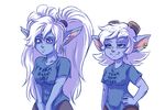  2016 amber_eyes bedroom_eyes blue_fur clothed clothing ear_piercing eyewear fur goggles hair half-closed_eyes hand_on_hip humanoid humor league_of_legends long_hair looking_down piercing pigtails plagueofgripes poppy_(lol) purple_eyes seductive simple_background smile text tristana_(lol) video_games white_background white_hair yellow_eyes yordle 