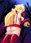  1girl ass bat_wings blonde_hair blue_eyes bluebullpen blush breasts candy elbow_gloves from_behind gloves halloween horns huge_ass large_breasts lollipop long_hair looking_at_viewer mario_(series) microskirt panties pink_panties princess_peach shiny shiny_clothes shiny_hair shiny_skin sideboob skirt solo super_mario_bros. suspenders thighhighs underwear upskirt 