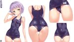  ass back bad_id bad_pixiv_id bare_shoulders blush breasts cameltoe covered_navel eyebrows eyebrows_visible_through_hair from_behind idolmaster idolmaster_cinderella_girls koshimizu_sachiko lavender_hair looking_to_the_side melang_b name_tag old_school_swimsuit one-piece_swimsuit school_swimsuit short_hair simple_background small_breasts solo swimsuit white_background yellow_eyes 