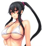  absurdres bikini_top black_hair blush breasts cleavage hair_ornament hair_scrunchie highres kantai_collection large_breasts long_hair looking_at_viewer parted_lips red_eyes scrunchie simple_background solo twintails underboob upper_body white_background white_bikini_top yahagi_(kantai_collection) yashichii 