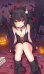  absurdres amashiro_natsuki animal_ears bat_wings black_hair book breasts candy cross cross_necklace food heterochromia highres jewelry long_hair looking_at_viewer necklace open_mouth original pumpkin red_eyes small_breasts smile solo two_side_up wings yellow_eyes 
