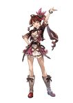  arms_up bow bracelet brown_eyes brown_hair detached_sleeves diantha_(granblue_fantasy) dress frills full_body granblue_fantasy hair_ornament hand_on_hip jacket jewelry looking_at_viewer minaba_hideo official_art open_mouth ponytail ribbon short_dress short_sleeves solo standing transparent_background 