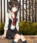  black_legwear blue_eyes braid breasts brown_hair checkered checkered_skirt cleavage collarbone fence flower_bed hair_over_shoulder hair_ribbon highres kantai_collection long_hair looking_at_viewer medium_breasts necktie open_clothes open_mouth ribbon rinarisa school_uniform shigure_(kantai_collection) shirt sitting skirt socks solo tree 