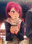  1girl :d blonde_hair blush building casual commentary_request cup drink evening eyebrows eyebrows_visible_through_hair fingernails hair_between_eyes hands_together height_difference highres holding holding_cup idolmaster idolmaster_million_live! jacket kaiga lamppost long_hair looking_at_another maihama_ayumu multicolored_hair open_clothes open_jacket open_mouth out_of_frame outdoors pink_eyes pink_hair ponytail scarf smile snow snowing solo_focus standing steam streaked_hair striped striped_scarf tree two-tone_hair upper_body w_arms wavy_mouth 