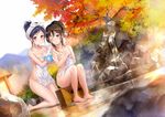  autumn_leaves barefoot bath_stool black_eyes black_hair blush breasts brown_eyes brown_hair cleavage collarbone covering covering_breasts day dutch_angle fukahire_(ruinon) groin hair_up hanekoto holding kneeling long_hair looking_at_viewer medium_breasts multiple_girls nude nude_cover one_eye_closed onsen open_mouth original outdoors parted_lips ponytail rock sitting stool towel washing_back wet white_towel 
