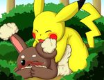  &lt;3 black_eyes blush buneary cute eyes_closed female forest fur grass lagomorph lying mammal mouse nintendo one_eye_closed pikachu pok&eacute;mon rabbit rodent tree unknown_artist video_games yellow_fur 