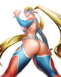  ass bare_shoulders blonde_hair blue_eyes blue_leotard blurry breasts depth_of_field from_behind from_below highres kasei_yukimitsu leotard long_hair mask medium_breasts parted_lips rainbow_mika simple_background solo street_fighter street_fighter_v thighs twintails very_long_hair white_background wrestling_outfit 