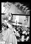  bare_shoulders beamed_eighth_notes building check_translation comic commentary_request concert eighth_note eyebrows eyebrows_visible_through_hair gloves glowstick greyscale hair_ornament idol idolmaster idolmaster_cinderella_girls kuboken monochrome musical_note open_mouth quarter_note short_hair speech_bubble takagaki_kaede translation_request 