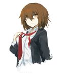  brown_eyes brown_hair hair_between_eyes jacket kantai_collection lansane necktie red_neckwear shirt short_hair simple_background solo tying_tie upper_body wakaba_(kantai_collection) white_background white_shirt 