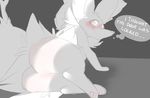  2016 backsash blush braixen butt canine digital_media_(artwork) english_text female feral fox fur hair hindpaw looking_at_viewer lying mammal monochrome nintendo pawpads paws pok&eacute;mon sketch smile solo text video_games 