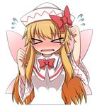  &gt;_&lt; blonde_hair blush bow bowtie breasts clenched_hand closed_eyes d: dress dx facing_viewer fairy_wings flying_sweatdrops hat hat_bow highres katsumi5o lily_white long_hair medium_breasts no_nose open_mouth solo tears touhou white_dress wings 