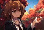  artist_name autumn_leaves brown_eyes brown_hair holding holding_leaf jacket kantai_collection lansane leaf light_smile long_sleeves maple_leaf necktie outdoors red_neckwear short_hair sky smile solo spring_(season) upper_body wakaba_(kantai_collection) 