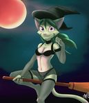  2016 anthro bra breasts bridal_gauntlets broom cat clothed clothing dreamkeepers feline female fur green_fur green_hair hair halloween holidays legwear lilith_calah mammal midriff navel panties purple_eyes solo stockings underwear white_belly white_fur zagura 