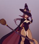  2016 absurd_res anthro breasts broom cape carry_(scorpdk) cat cleavage clothed clothing feline female gradient_background green_eyes hair hat hi_res holding_object long_hair looking_at_viewer magic_user mammal one_eye_closed scorpdk simple_background smile solo wink witch witch_hat 