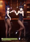  2girls absurdres animal_ears aoyama_sumika arm_at_side ass bar bar_stool bare_arms bare_shoulders black_bow black_footwear black_hair black_leotard black_neckwear bottle bow bowtie breasts brick_wall brown_eyes bunny_ears bunny_tail bunnysuit cleavage closed_mouth coffee-kizoku collarbone counter crescent detached_collar eyebrows eyebrows_visible_through_hair fake_animal_ears fake_tail finger_to_cheek fishnet_pantyhose fishnets flower from_behind full_body hairband head_tilt heart heart_hands heart_hands_duo high_heels highres indoors leotard light long_hair looking_at_viewer looking_back medium_breasts multiple_girls original pantyhose plant purple_eyes purple_hair red_flower shelf shiramine_rika shoes short_hair small_breasts smile standing standing_on_one_leg star stool strapless strapless_leotard tail tile_floor tiles translation_request vase wrist_cuffs 