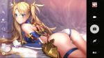  1girl ass bangs blonde_hair blue_eyes blush bradamante_(fate/grand_order) braid breasts cameltoe commentary_request detached_sleeves elbow_gloves fate/grand_order fate_(series) french_braid gloves leotard long_hair looking_at_viewer looking_back lying medium_breasts on_stomach solo thigh_strap twintails very_long_hair viewfinder white_gloves yand zoom_layer 
