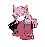  animal_ears animal_print blue_eyes cat_ears cat_tail chibi enbizaka_no_shitateya_(vocaloid) evillious_nendaiki fang food geta hair_ornament hairpin holding holding_fish holding_food ichi_ka japanese_clothes kimono kneeling long_hair megurine_luka paws red_kimono solo sudou_kayo tail tuna vocaloid 