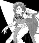  bandaged_arm bandages bandaid bandaid_on_face bandaid_on_leg bare_legs china_dress chinese_clothes commentary_request dress furukawa_(yomawari) greyscale grin hat highres hong_meiling long_hair monochrome short_sleeves smile solo star touhou very_long_hair 