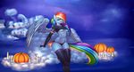  2016 absurd_res anthro anthrofied blue_feathers blue_skin breasts candle clothing cloud elzzombie equine feathered_wings feathers female food friendship_is_magic fruit hair hi_res legwear long_hair looking_at_viewer mammal multicolored_hair my_little_pony on_cloud outside pegasus pumpkin rainbow_dash_(mlp) rainbow_hair sitting solo under_boob underwear wings 