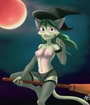  2016 anthro breasts bridal_gauntlets broom cat clothed clothing dreamkeepers feline female fur green_fur green_hair hair halloween holidays legwear lilith_calah mammal midriff navel nipples panties purple_eyes solo stockings topless underwear white_belly white_fur zagura 