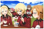  alternate_color assam bangs blonde_hair blue_eyes blush book boots braid brown_eyes brown_hair check_commentary cloud cloudy_sky commentary commentary_request cup darjeeling day girls_und_panzer hair_over_shoulder hair_ribbon holding holding_book jacket long_hair long_sleeves looking_at_another looking_at_viewer mice_(sake_nomitai) military military_uniform miniskirt multiple_girls open_mouth orange_hair orange_pekoe parted_bangs parted_lips pleated_skirt red_hair red_jacket ribbon rolling_eyes rosehip rukuriri running saucer short_hair single_braid sitting skirt sky smile st._gloriana's_military_uniform standing steam table teacup translated uniform 