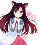  animal_ears blush brooch brown_hair dress floral_background flower highres imaizumi_kagerou jewelry long_hair long_sleeves open_mouth red_eyes solo touhou walnut_(mottimoti) wide_sleeves wolf_ears 