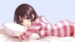  :d bangs bed_sheet blue_background blunt_bangs blush breasts brown_eyes cowboy_shot fingernails from_side highres hood hood_down katou_megumi long_sleeves looking_at_viewer looking_to_the_side lying medium_breasts misaki_kurehito no_pants official_art on_stomach open_mouth pillow pillow_hug saenai_heroine_no_sodatekata scan short_hair simple_background smile solo striped striped_hoodie tareme 