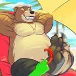  2016 anthro armpits beach bear benj24 biceps blush chest_tuft claws clothed clothing detailed_background facial_hair fangs feathers foot_focus fur hands_behind_head hat laugh lying mammal navel on_back pants pawpads paws seaside slightly_chubby tears tickling tuft 