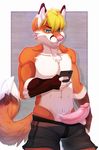  2015 5_fingers abs anthro athletic biceps blonde_hair blue_eyes border boxers_(clothing) brown_fur brown_markings brown_tail canine cellphone chest_tuft clothed clothing countershading digital_media_(artwork) dipstick_tail erection facial_markings fingerless_(marking) fluffy fluffy_tail fox foxeh front_view fur hair holding_object holding_phone humanoid_penis junebuq looking_down male mammal markings multicolored_fur multicolored_tail orange_fur orange_tail outside_border partially_clothed pattern_background penis phone pink_nose pink_penis portrait precum signature simple_background smile smirk solo standing teeth three-quarter_portrait tuft underwear underwear_down white_border white_countershading white_fur white_tail 